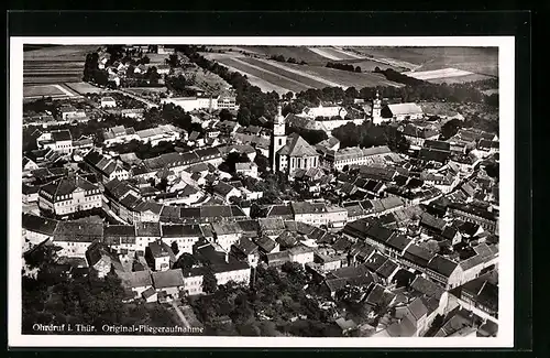 AK Ohrdruf i. Thür., Teilansicht mit Kirche, Fliegeraufnahme