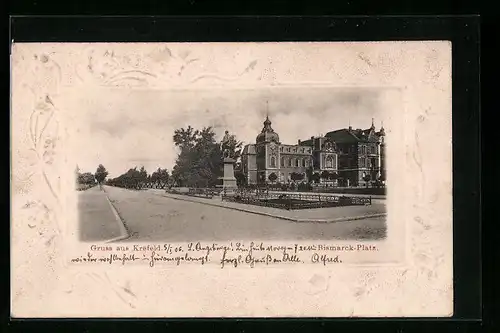 Präge-AK Krefeld, Bismarck-Platz mit Denkmal