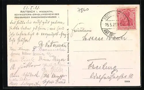 AK Raitbach /Wiesental, Schwester-Erholungsheim des Freiburger Diakonissenhauses