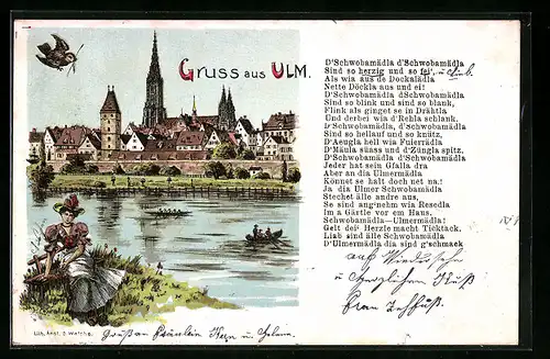 Künstler-AK Ulm, Uferpartie mit Kirche