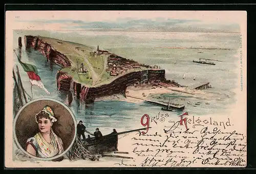 Lithographie Helgoland, Die Insel mit Fischerboot aus der Vogelschau