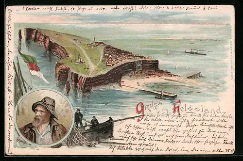 Lithographie Helgoland, Inselansicht aus der Vogelschau, Fischer bei der Arbeit