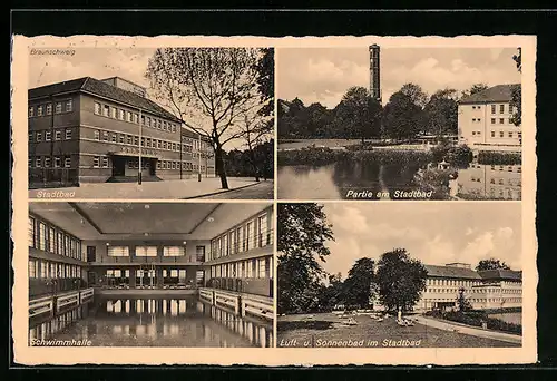 AK Braunschweig, Stadtbad, Innenansicht Schwimmhalle, Luft- und Sonnenbad