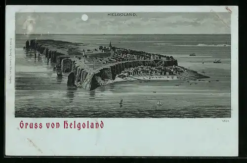 Mondschein-Lithographie Helgoland, Panoramablick auf die Insel