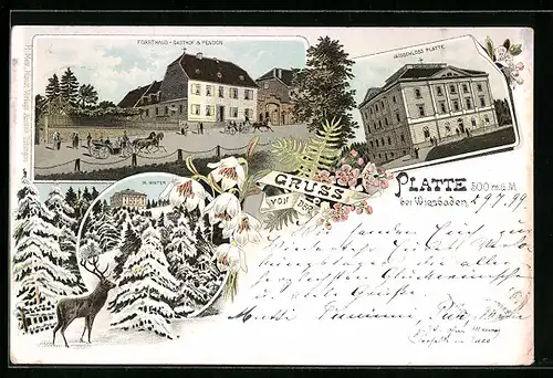 Lithographie Wiesbaden, Gasthof Forsthaus, Jagdschloss Platte