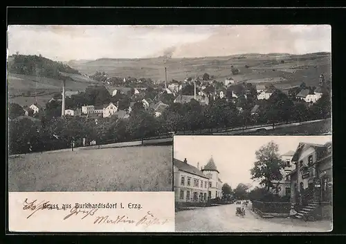 AK Burkhardtsdorf i. Erzg., Strassenpartie im Zentrum, Ortsansicht mit Umgebung