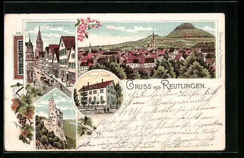 Lithographie Reutlingen, Ortsansicht mit Oberer Wilhelm-Strasse