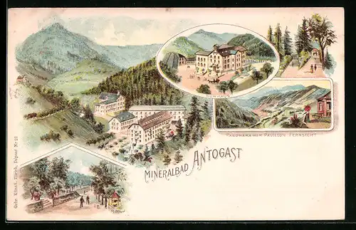 Lithographie Antogast, Kurhaus, Panorama vom Pavillon