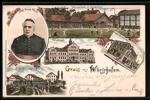 Lithographie Wörishofen, Bad Geromiller, Wandelbahn mit Glaspalast, Msgr. Kneipp Pfarrer