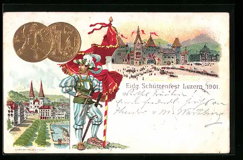 Lithographie Luzern, Eidg. Schützenfest, Eingang zum Festplatz, Goldene Medaille