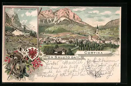 Lithographie Cortina, Falzareco Ospizio, Gesamtansicht, Sorapiss