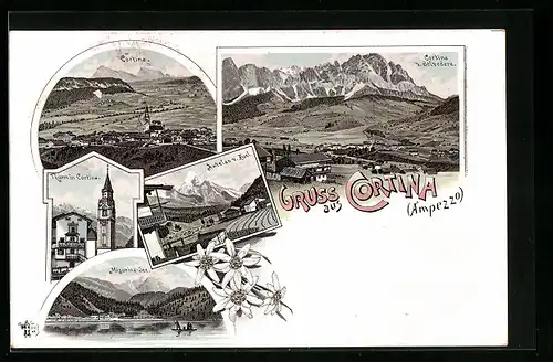 Lithographie Cortina d`Ampezzo, Turm, Misurina-See, Antelao v. Zuel