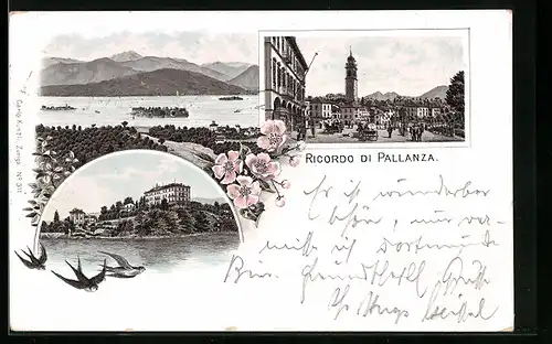 Lithographie Pallanza, Panorama mit Isole borromee & Strassenleben