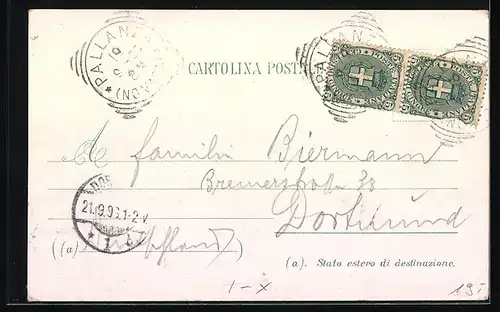 Lithographie Pallanza, Panorama mit Isole borromee & Strassenleben