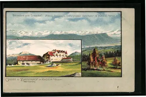 Lithographie Radein bei Bozen, Gasthof Zirmerhof, Panorama