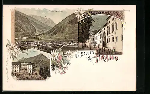 Lithographie Tirano, Hôtel d`Italie, Palazzo Salis, Panorama generale