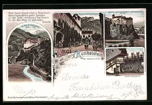 Lithographie Bozen, Burg Runkelstein, Burghof mit Restaurant