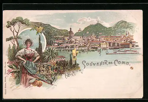 Lithographie Como, Ortsansicht mit Hafenpartie, Maid in Tracht