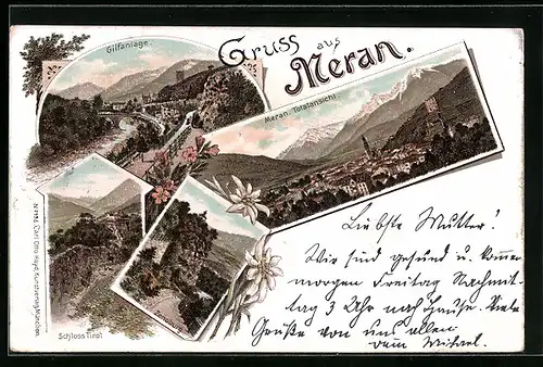 Lithographie Meran, Totalansicht, Gilfanlage, Zenoburg