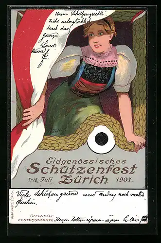 Künstler-AK Zürich, Eidgenössisches Schützenfest 7. - 18. Juli 1907, Schöne Schweizerin