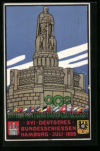 AK Hamburg, XVI. Deutsches Bundesschiessen 1909, Bismarckdenkmal, Wappen