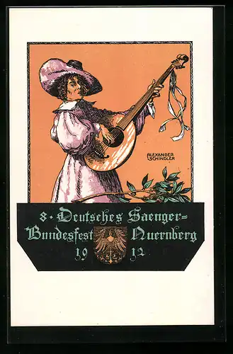 Künstler-AK Nürnberg, 8. Deutsches Sänger-Bundesfest 1912, Lautenspielerin