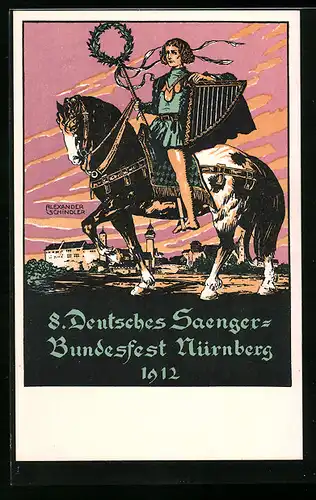 AK Nürnberg, 8. Deutsches Sänger-Bundesfest 1912, Barde auf Pferd mit Harfe