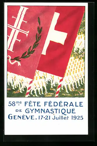 Künstler-AK Genève, 58. Fête Fédérale de Gymnastique 1925, Schweizer Fahne