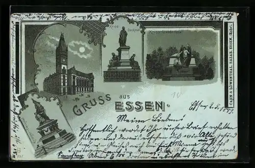 Mondschein-Lithographie Essen, Rathaus, Krupp-Denkmal u. Krieger-Denkmal