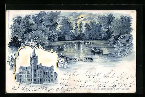 Lithographie Essen, Rathaus u. Grosser Teich im Stadtgarten