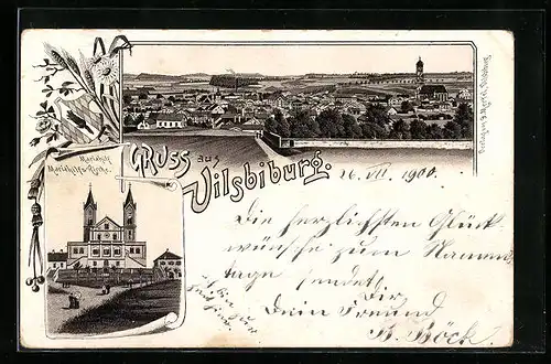 Lithographie Vilsbiburg, Ortsansicht mit Mariahilfs-Kirche