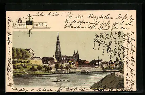 Lithographie Ulm, Ortspartie, Das Münster mit Umgebung