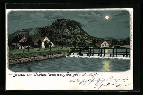 Lithographie Singen /Hohentwiel, Ortsansicht bei Mondschein