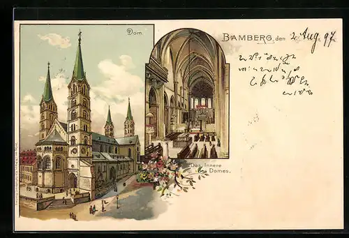 Lithographie Bamberg, Dom u. das Innere des Domes