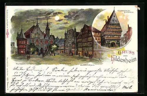 Lithographie Hildesheim, Marktplatz mit Rathaus, Templerhaus, Wedekindhaus