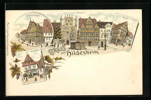Lithographie Hildesheim, Gasthaus Domschenke, Haus am Andreasplatz, Altdeutsches Haus