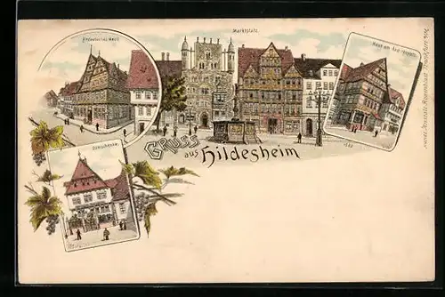 Lithographie Hildesheim, Marktplatz, Domschenke und Haus am Andreasplatz