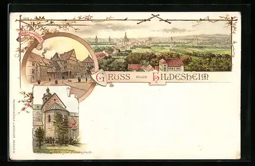 Lithographie Hildesheim, Alte Häuser am Andreasplatz, 1000jähriger Rosenstock
