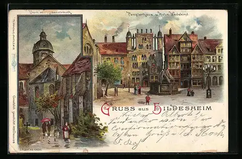 Lithographie Hildesheim, Pemplerhaus u. Haus Wedekind, Dom