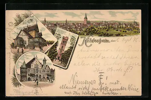 Lithographie Hildesheim, Gasthaus auf dem Galgenberg, Aussichtsturm, Rathaus