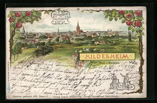 Lithographie Hildesheim, Blick v. Bergholz auf die Stadt