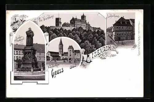 Lithographie Eisenach, Wartburg, Lutherhaus, Nikolaithor