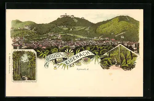 Lithographie Eisenach, Gesamtansicht, Durchblick v. d. Hohen Sonne, Annathal