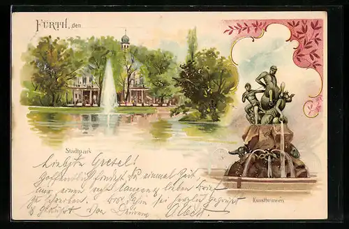 Lithographie Fürth i. B., Stadtpark, Kunstbrunnen