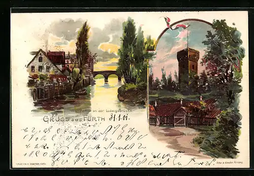 Lithographie Fürth, Alte Veste und Partie an der Ludwigsbrücke