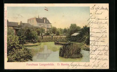 AK Langenfelde, Gaststätte Forsthaus Langenfelde D. Ramke mit Teich