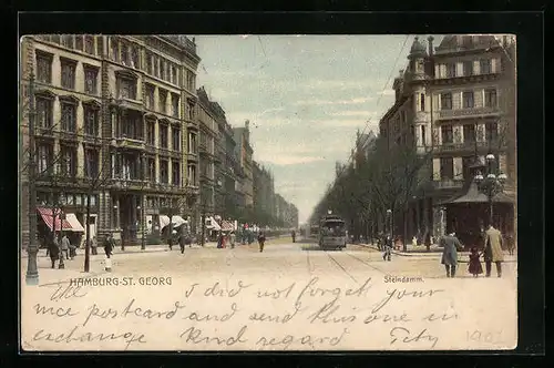 AK Hamburg-St. Georg, Steindamm mit Strassenbahnen und Passanten