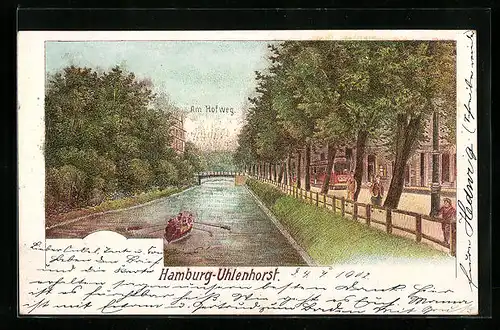 Lithographie Hamburg-Uhlenhorst, Ruderer am Hofweg und Strassenbahn