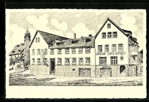 Künstler-AK Köditz bei Hof, Gasthof-Kaffee-Pension Krantz mit Denkmal und Kirche