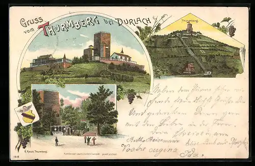 Lithographie Karlsruhe-Durlach, Partie und Blick zum Thurmberg